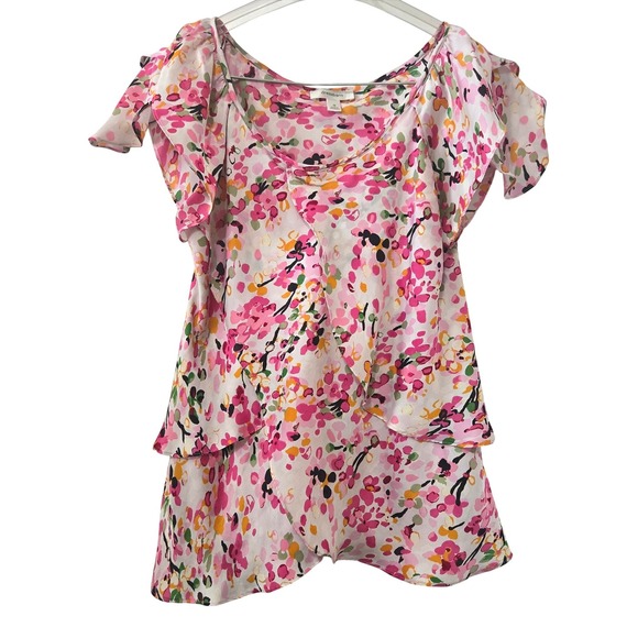 Floral Flutter Sleeve Tiered Ruffle Blouse Polyester Casual M Dressbarn Womens - Picture 2 of 8